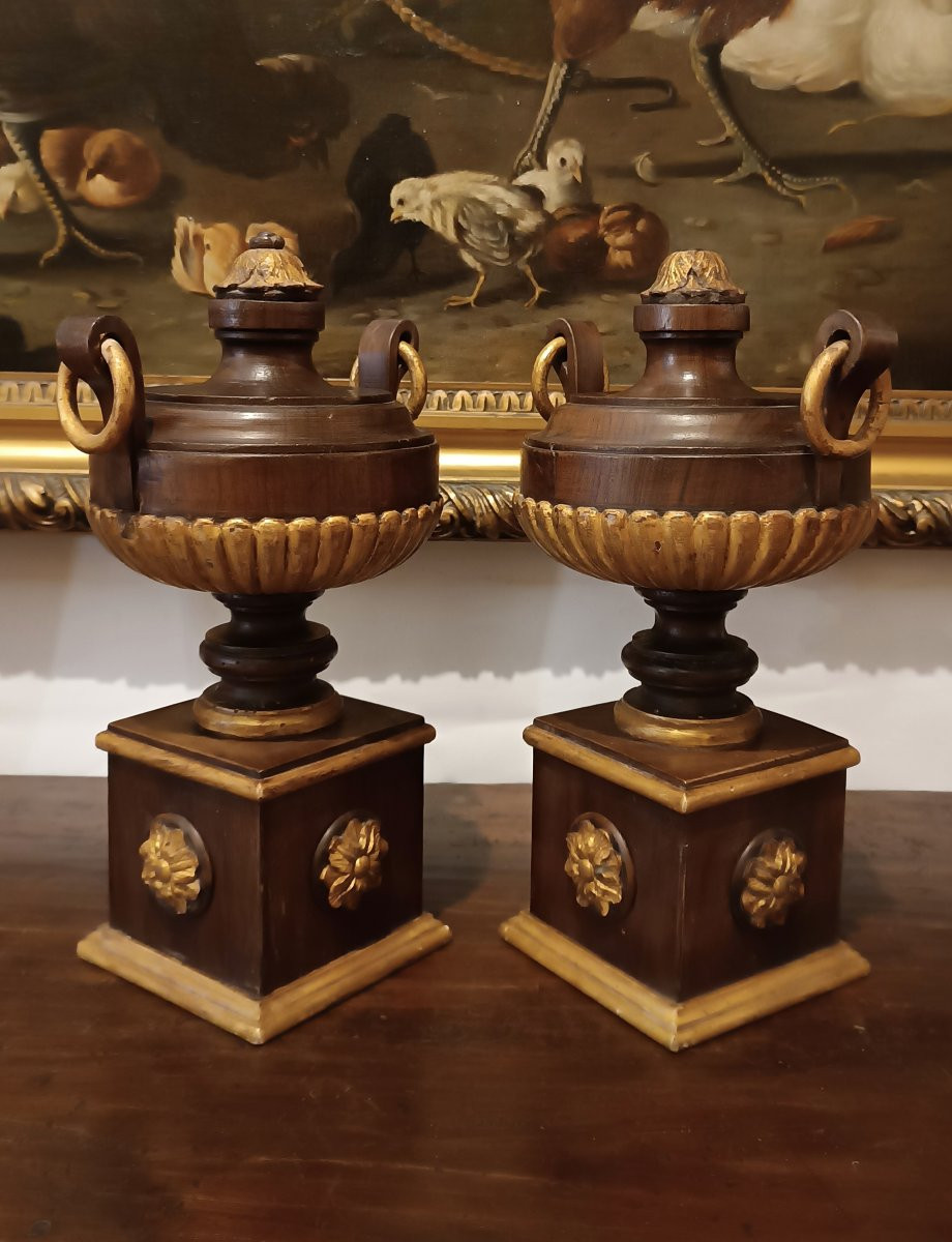 Second Half Of The 19th Century Pair Of Painted Walnut Decorative Vases-photo-2