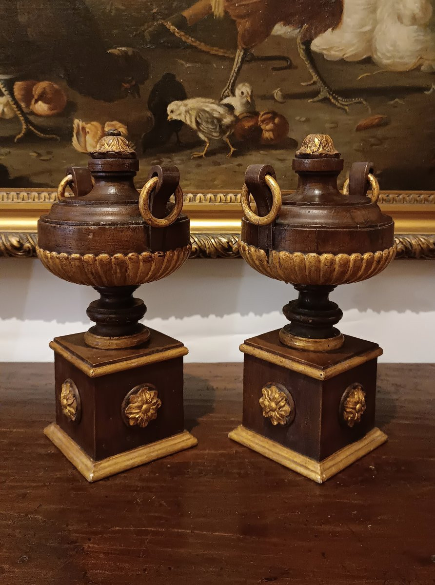 Second Half Of The 19th Century Pair Of Painted Walnut Decorative Vases-photo-3