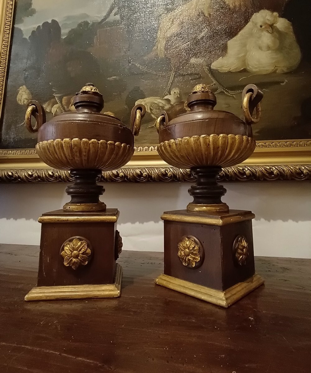 Second Half Of The 19th Century Pair Of Painted Walnut Decorative Vases-photo-4