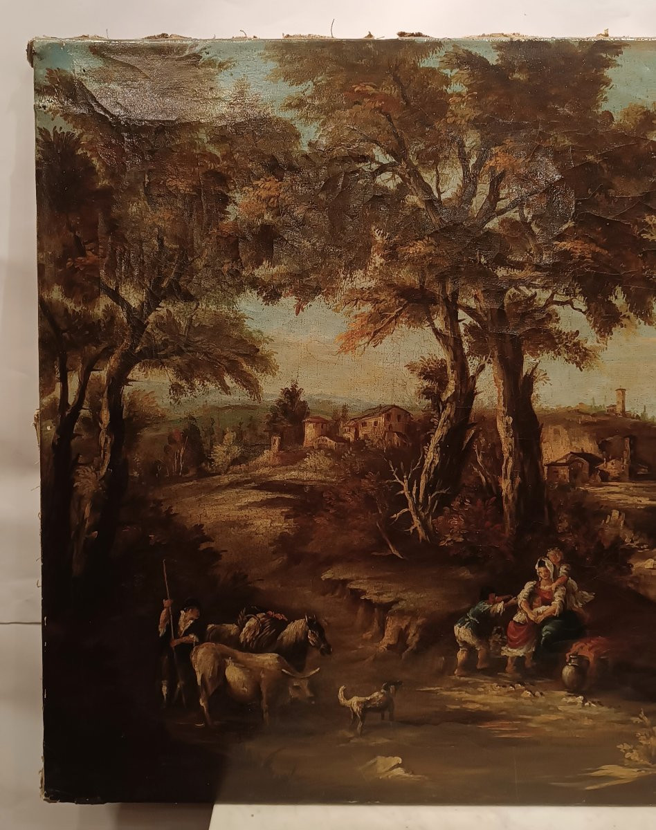 TABLEAU DE PAYSAGE AVEC PERSONNAGES FIN DU 18ème SIÈCLE-photo-2