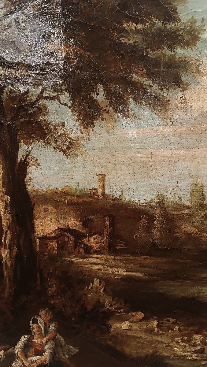 TABLEAU DE PAYSAGE AVEC PERSONNAGES FIN DU 18ème SIÈCLE-photo-3