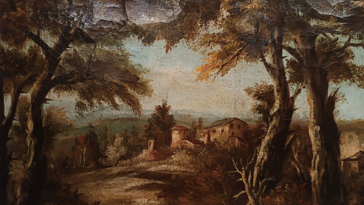 TABLEAU DE PAYSAGE AVEC PERSONNAGES FIN DU 18ème SIÈCLE-photo-5