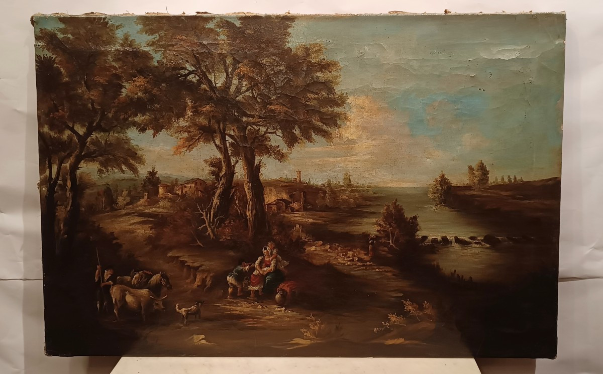TABLEAU DE PAYSAGE AVEC PERSONNAGES FIN DU 18ème SIÈCLE