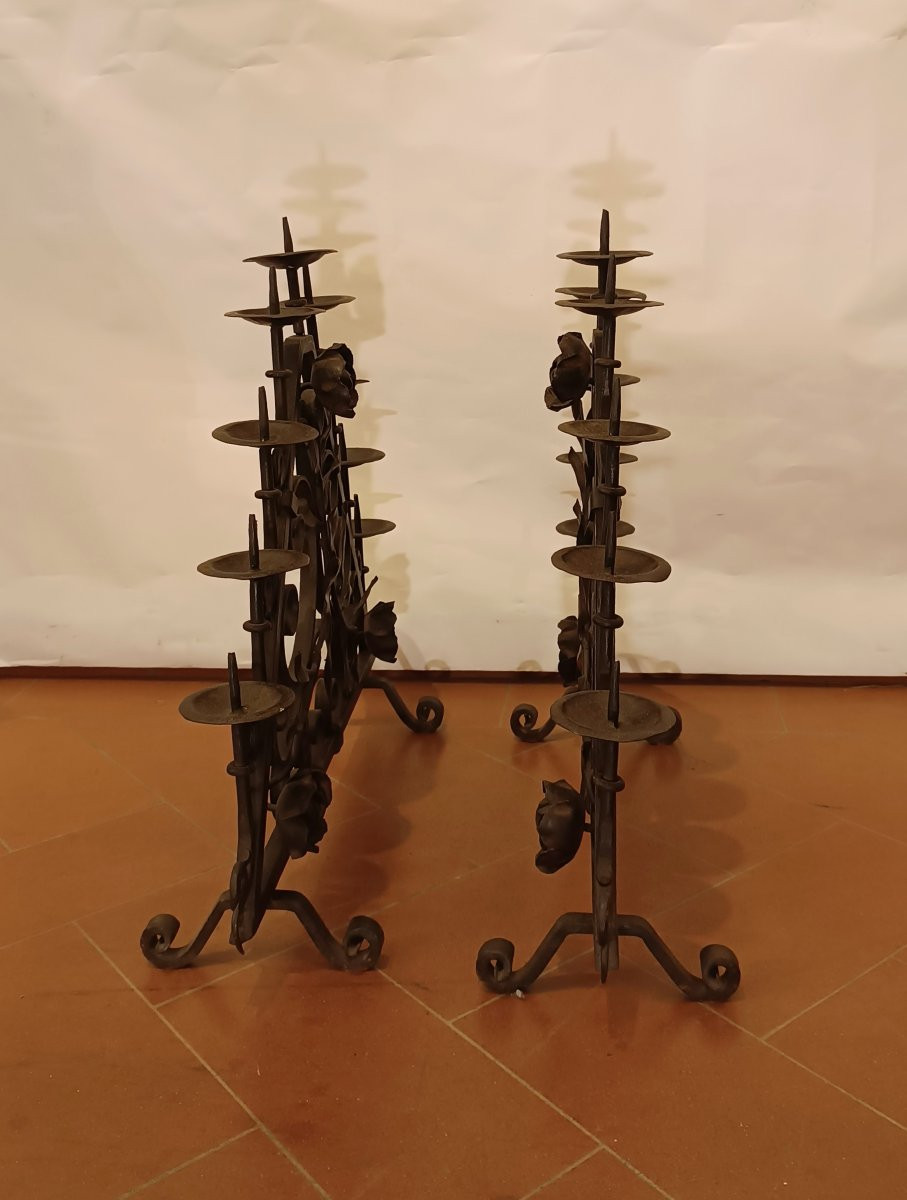 PAIRE DE CHANDELIERS EN FER FORGÉ FIN 19ème SIÈCLE-photo-3