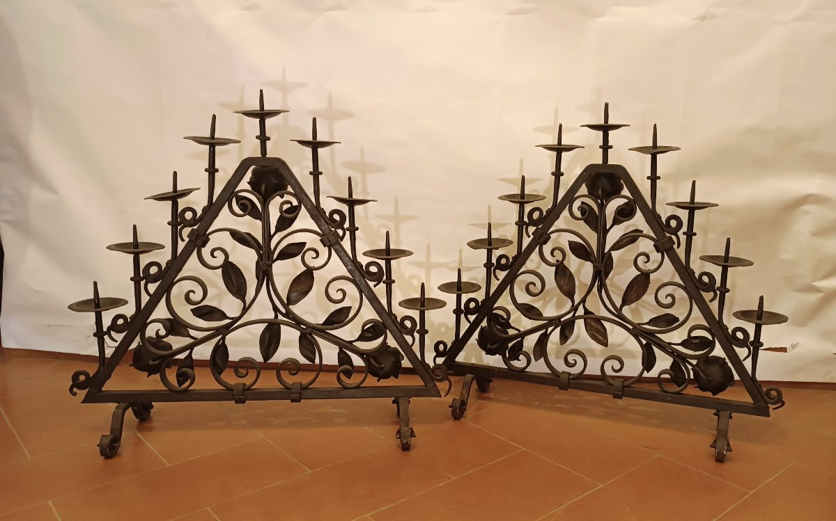 PAIRE DE CHANDELIERS EN FER FORGÉ FIN 19ème SIÈCLE-photo-4