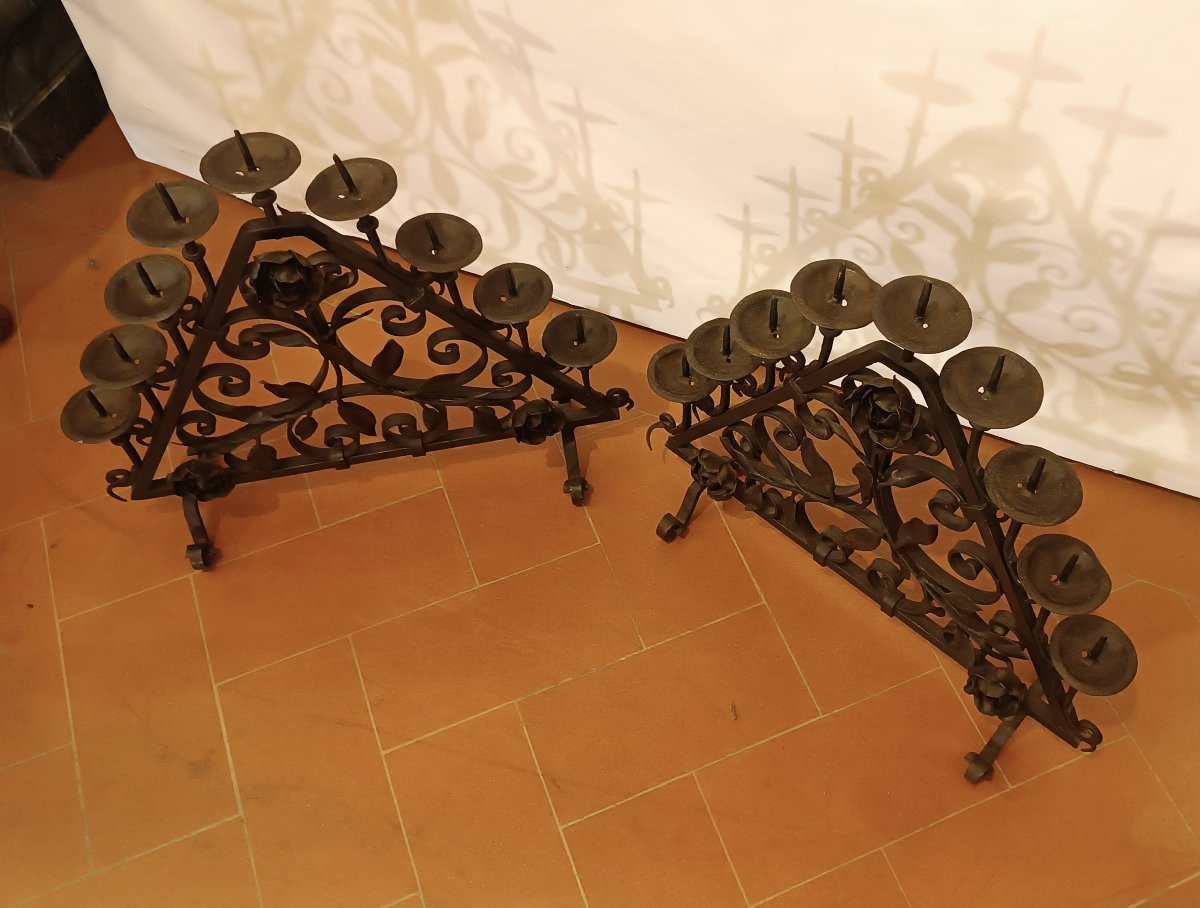 PAIRE DE CHANDELIERS EN FER FORGÉ FIN 19ème SIÈCLE-photo-4