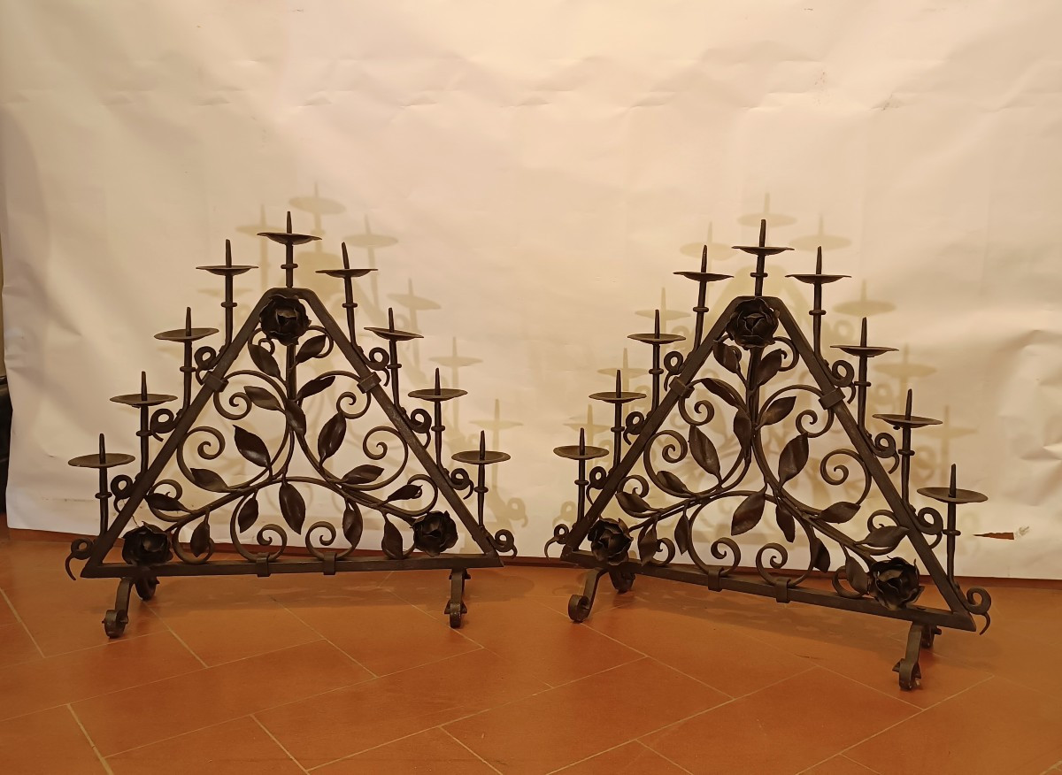 PAIRE DE CHANDELIERS EN FER FORGÉ FIN 19ème SIÈCLE