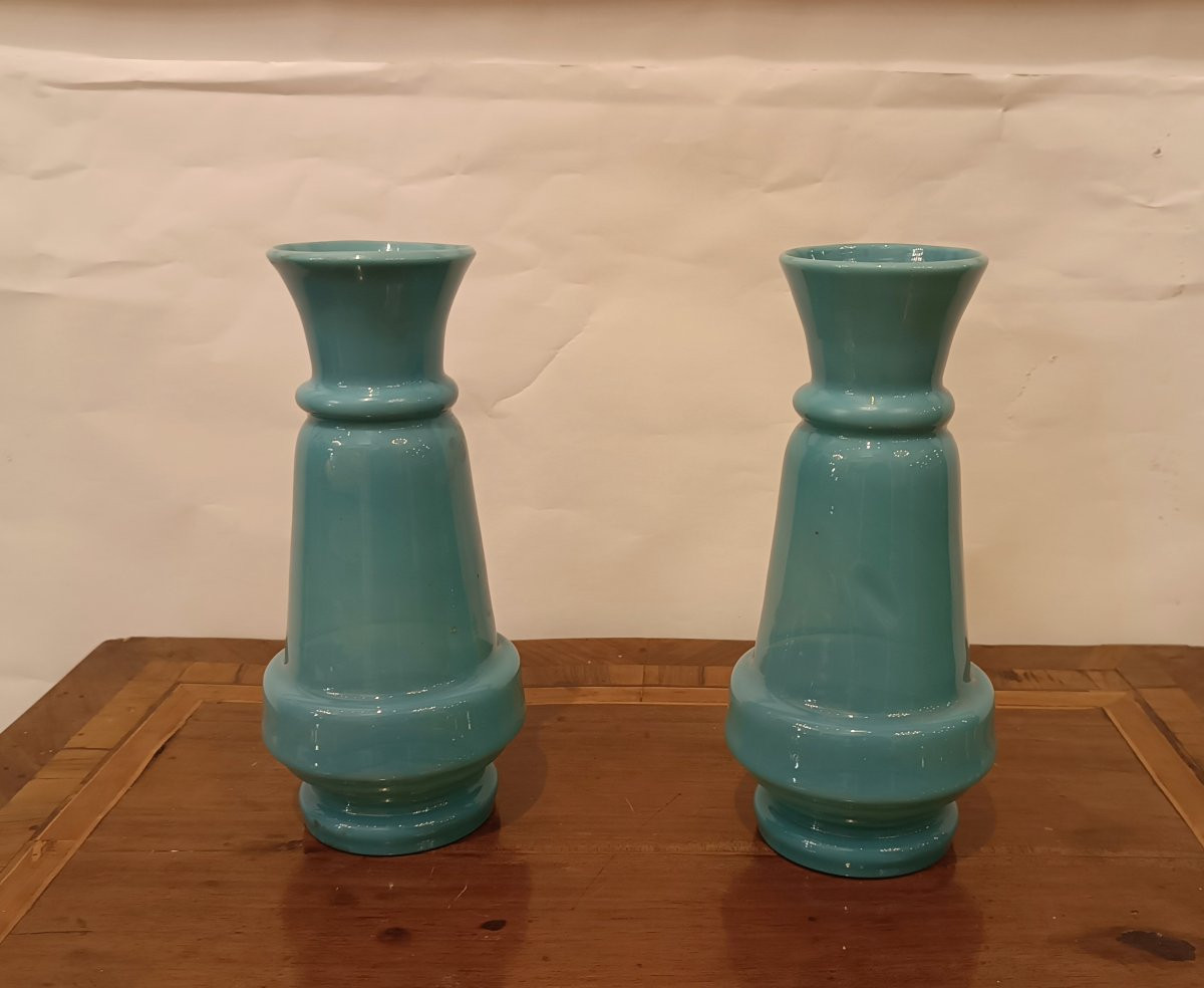 Late 19th Century Pair Of Blue Opal Vases-photo-3