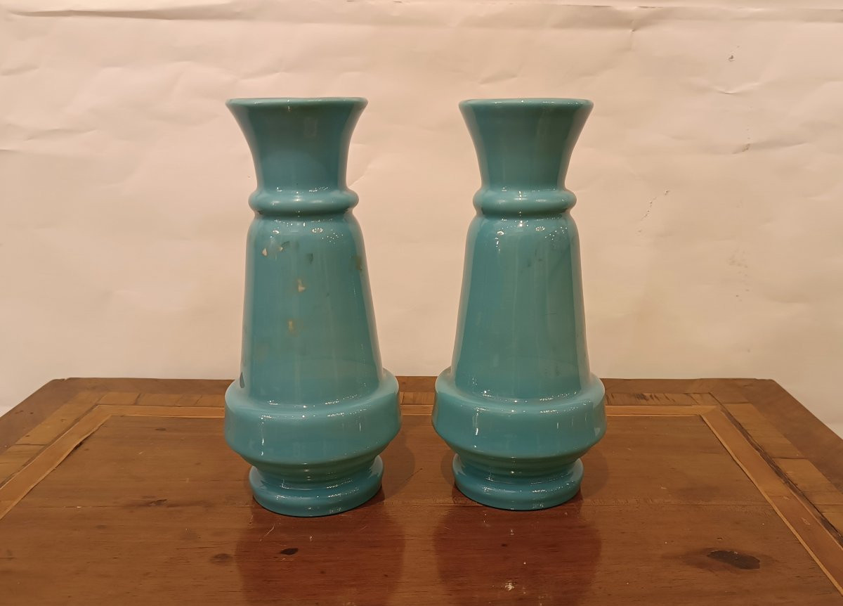 Late 19th Century Pair Of Blue Opal Vases-photo-4