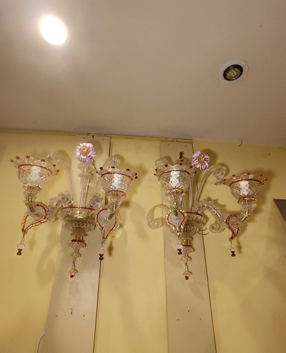  Early 20th Century Pair Of Murano Glass Wall Lights-photo-3