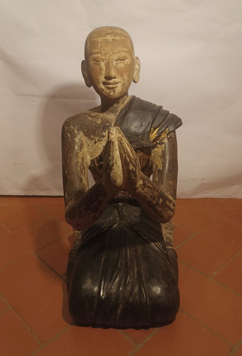  SCULPTURE EN BOIS PEINTE D'UN MOINE BIRMAN FIN DU 19ème SIÈCLE-photo-2