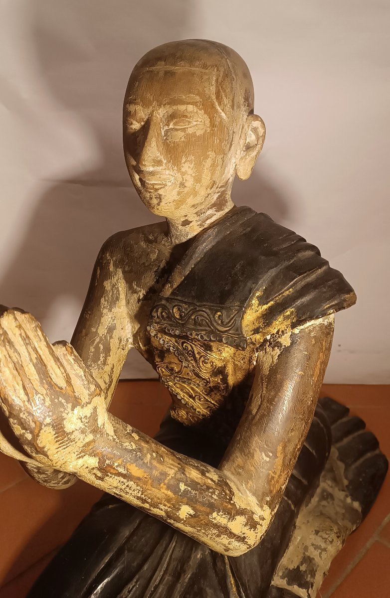  SCULPTURE EN BOIS PEINTE D'UN MOINE BIRMAN FIN DU 19ème SIÈCLE-photo-4