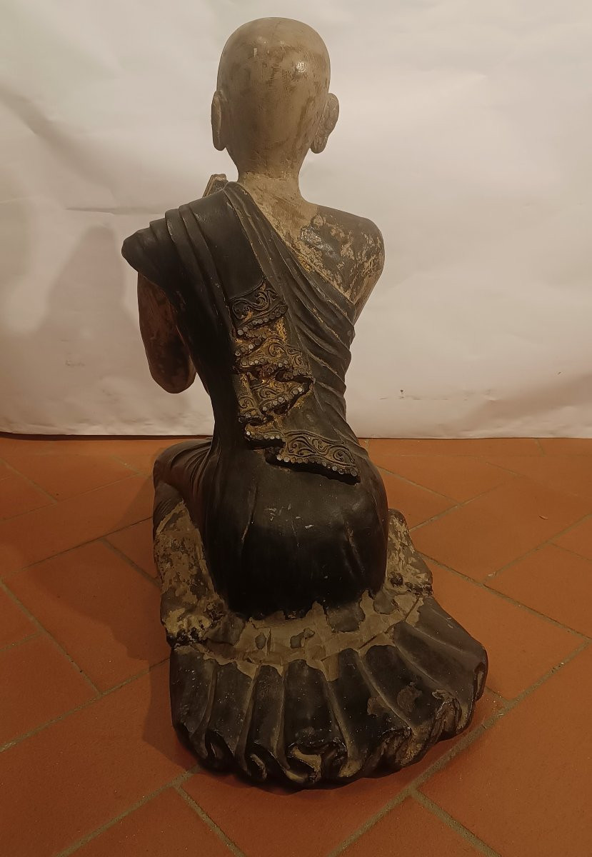  SCULPTURE EN BOIS PEINTE D'UN MOINE BIRMAN FIN DU 19ème SIÈCLE-photo-2