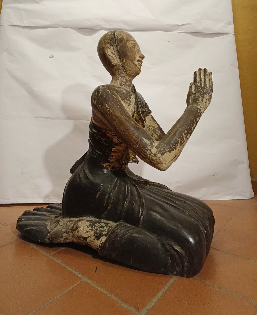  SCULPTURE EN BOIS PEINTE D'UN MOINE BIRMAN FIN DU 19ème SIÈCLE-photo-4