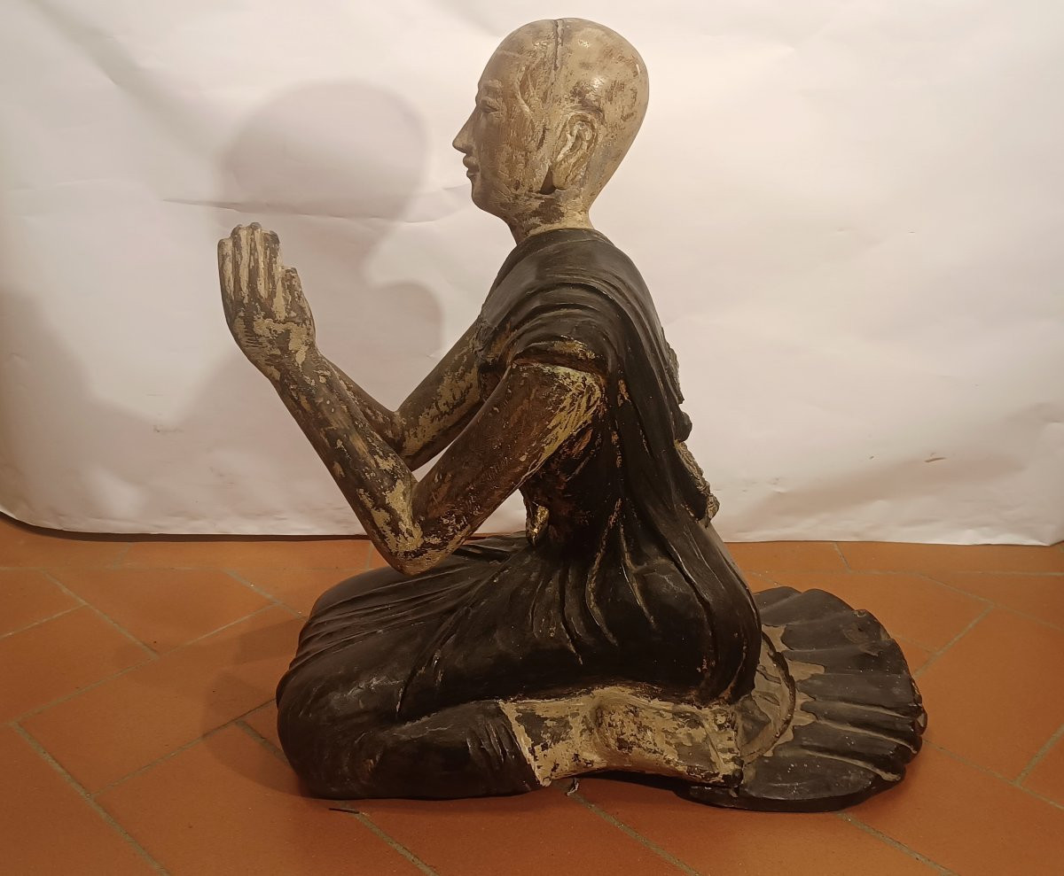  SCULPTURE EN BOIS PEINTE D'UN MOINE BIRMAN FIN DU 19ème SIÈCLE-photo-8