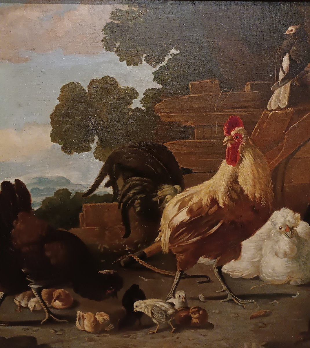 Mid-19th Century Painting With Roosters And Hens-photo-4