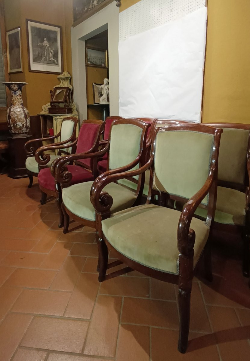 First Half 19th Century Set Of Eight Charles X Mahogany Armchairs-photo-2