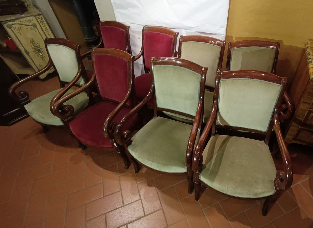 First Half 19th Century Set Of Eight Charles X Mahogany Armchairs-photo-3