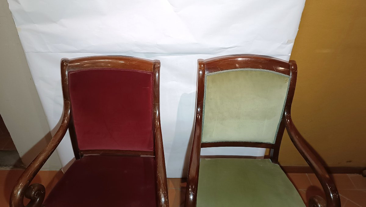 First Half 19th Century Set Of Eight Charles X Mahogany Armchairs-photo-3