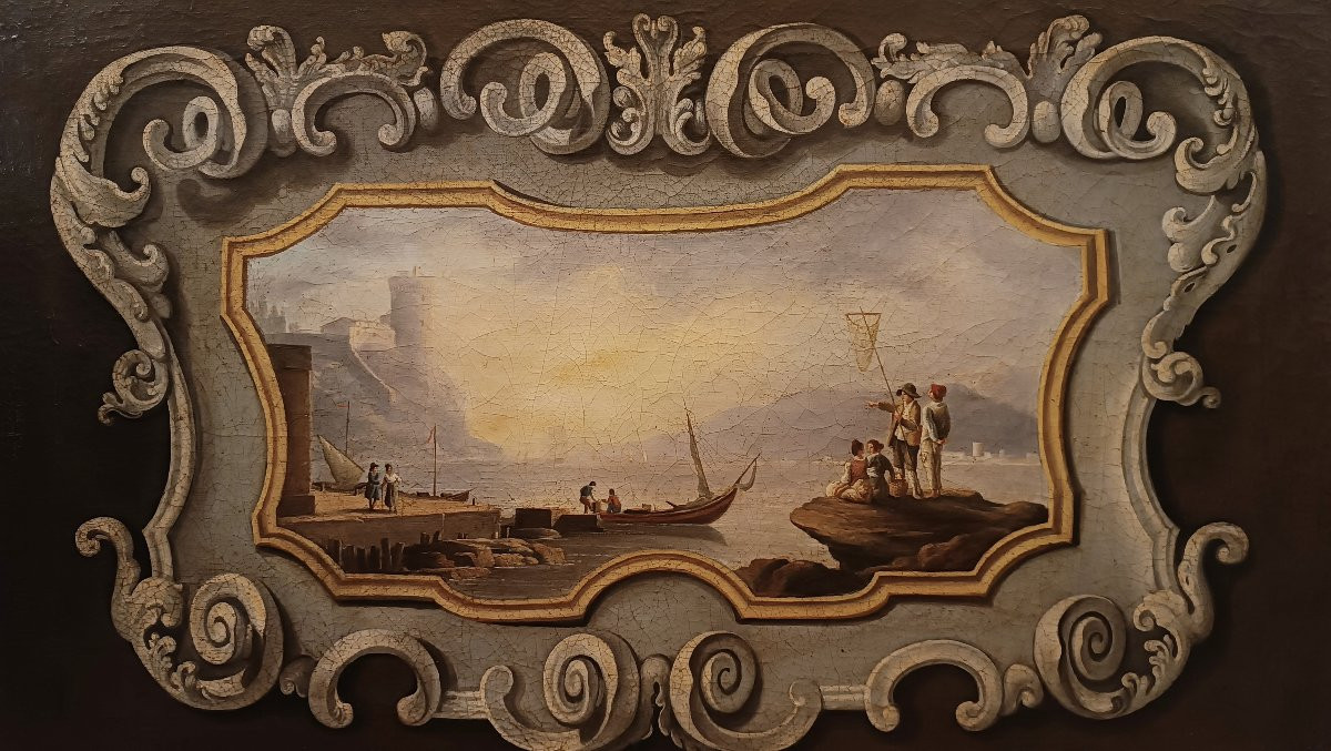 PEINTURE DESSUS DE PORTE NÉOCLASSIQUE REPRÉSENTANT UN PAYSAGE MARIN FIN DU 18ème SIÈCLE-photo-2