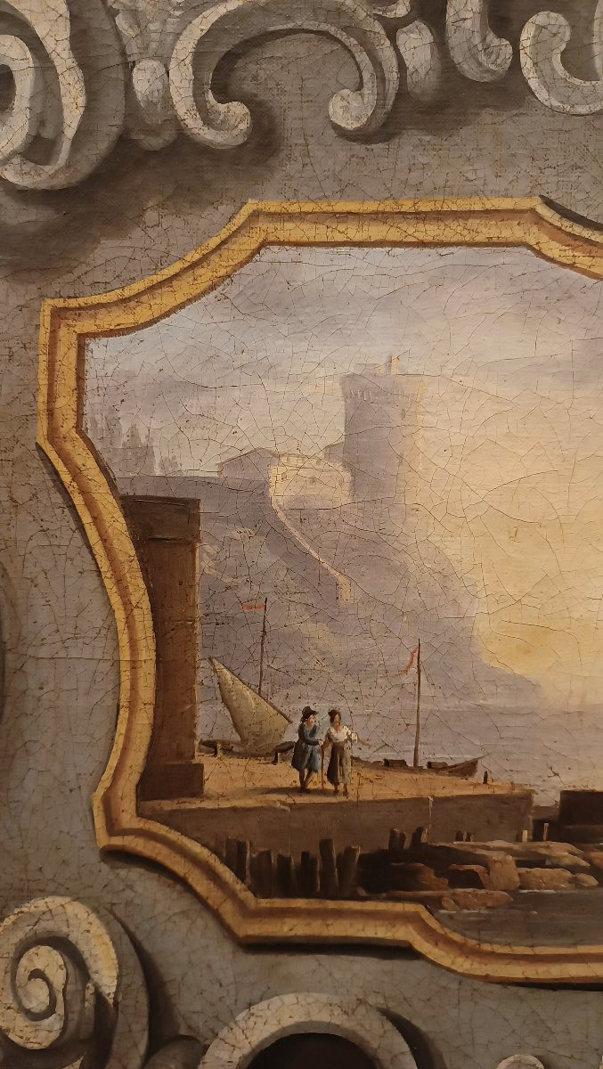 PEINTURE DESSUS DE PORTE NÉOCLASSIQUE REPRÉSENTANT UN PAYSAGE MARIN FIN DU 18ème SIÈCLE-photo-1