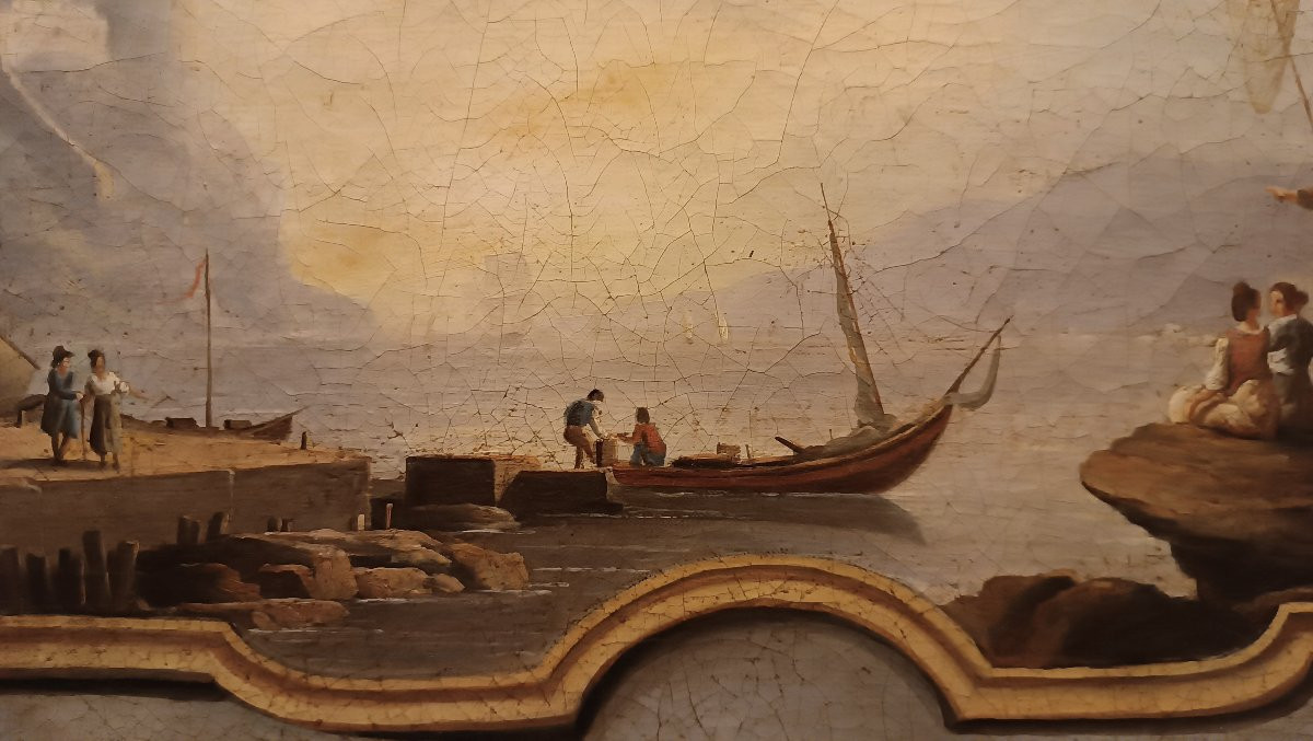 PEINTURE DESSUS DE PORTE NÉOCLASSIQUE REPRÉSENTANT UN PAYSAGE MARIN FIN DU 18ème SIÈCLE-photo-2