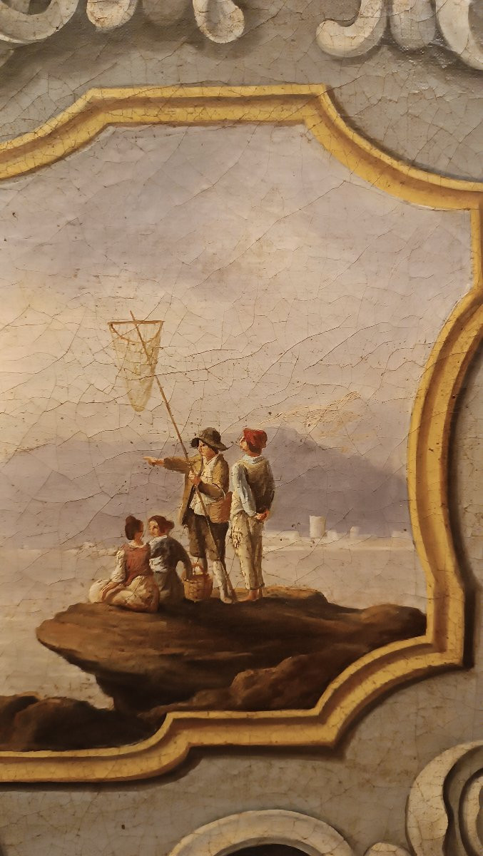 PEINTURE DESSUS DE PORTE NÉOCLASSIQUE REPRÉSENTANT UN PAYSAGE MARIN FIN DU 18ème SIÈCLE-photo-3