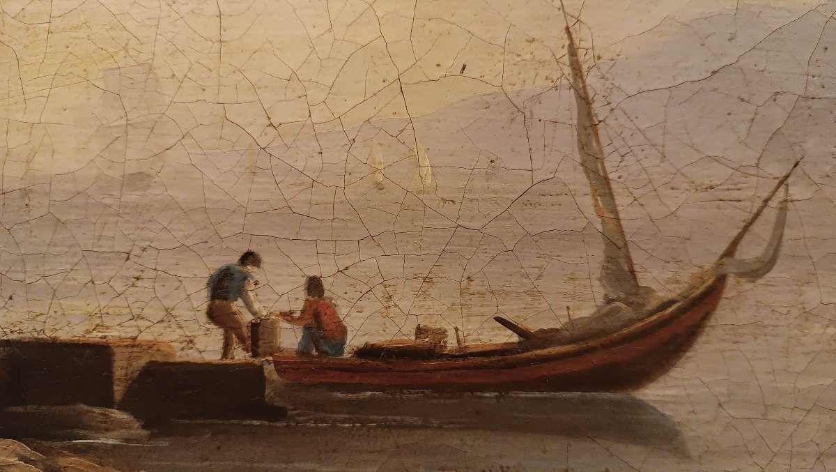 PEINTURE DESSUS DE PORTE NÉOCLASSIQUE REPRÉSENTANT UN PAYSAGE MARIN FIN DU 18ème SIÈCLE-photo-4