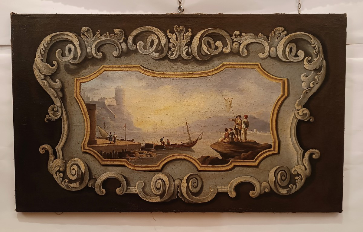 PEINTURE DESSUS DE PORTE NÉOCLASSIQUE REPRÉSENTANT UN PAYSAGE MARIN FIN DU 18ème SIÈCLE