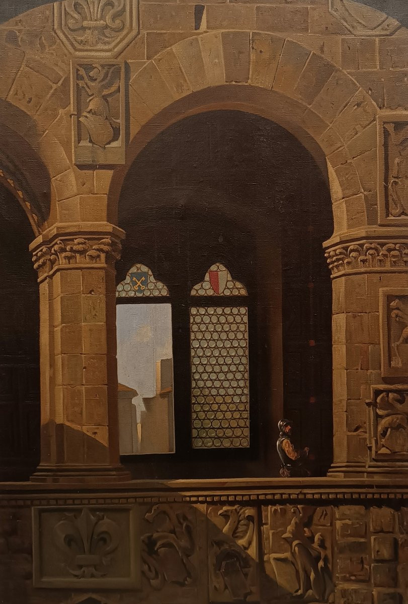 Mid-19th Century Painting Of The Interior Of The Bargello In Florence-photo-2