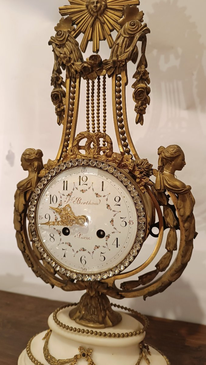 Mid-19th Century White Marble And Rhinestone Lyre Clock-photo-3