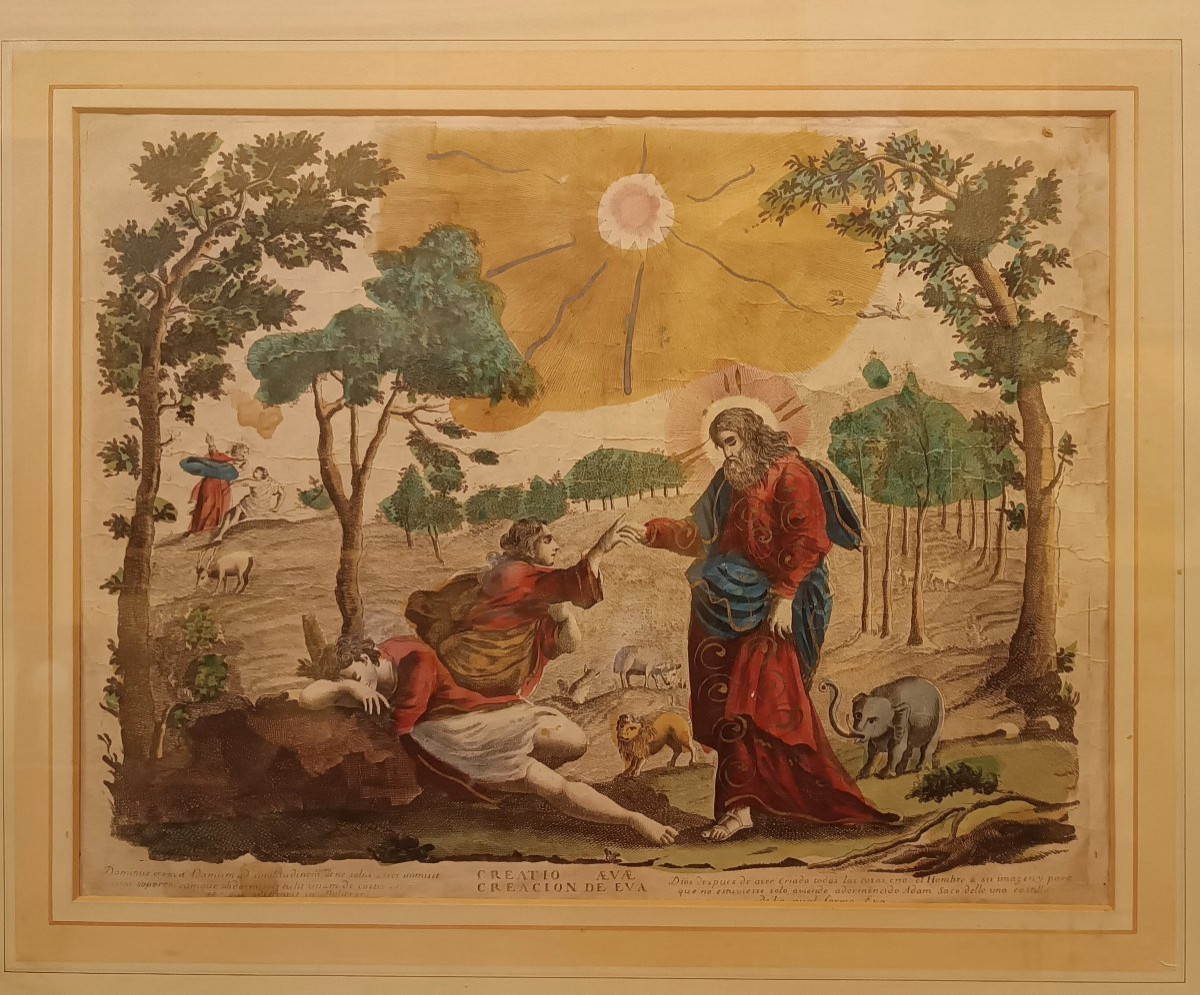 PAIRE DE GRAVURES À L'AQUARELLE AVEC SCÈNES BIBLIQUES FIN DU 17ème SIÈCLE-photo-4