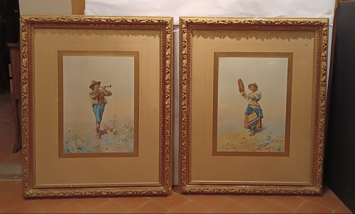 PAIRE D'AQUARELLES DE BERGERS PAR DOMENICO DE ANGELIS FIN DU 18ème SIÈCLE