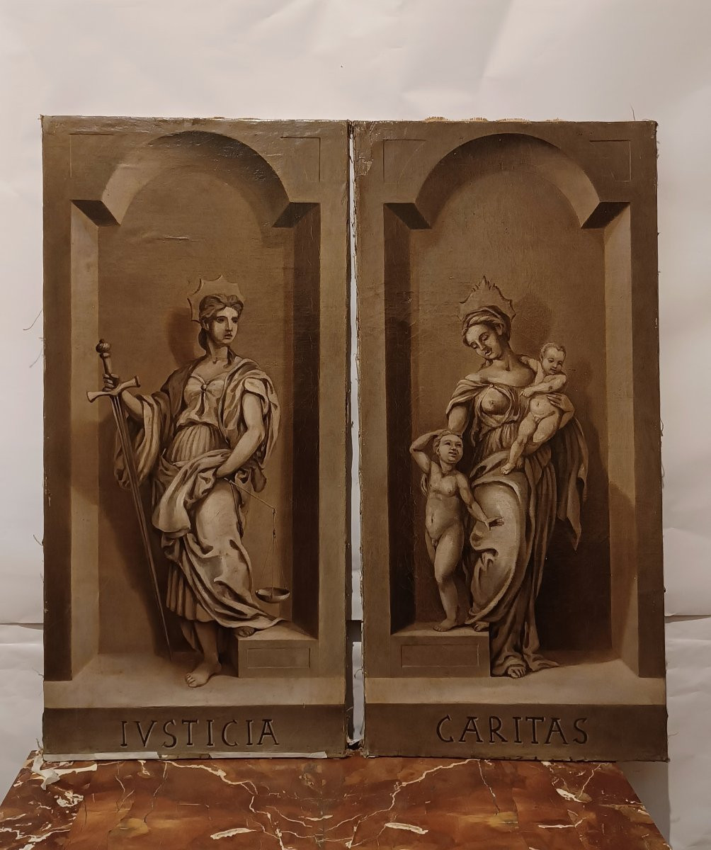 QUATRE TABLEAUX DES VERTUS CARDINALES MILIEU DU 18ème SIÈCLE-photo-3