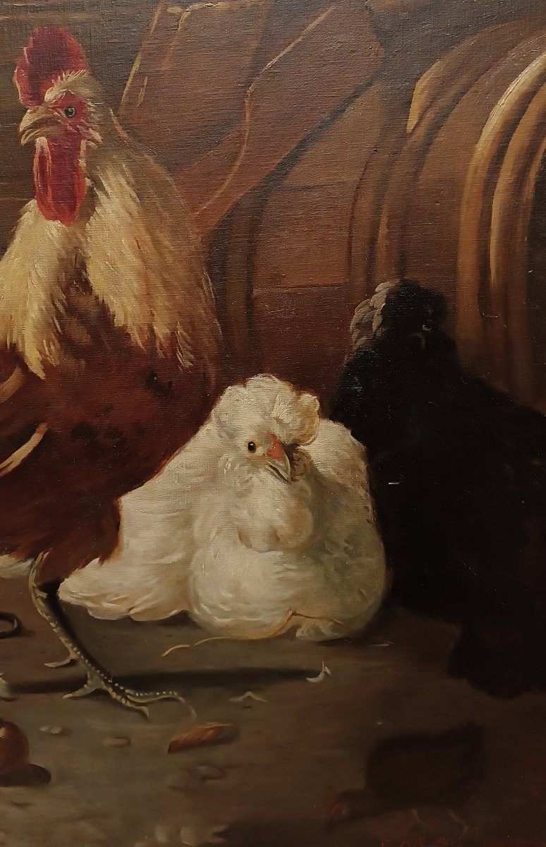 TABLEAU REPRÉSENTANT DES COQS ET DES POULES MILIEU DU 19ème SIÈCLE-photo-3