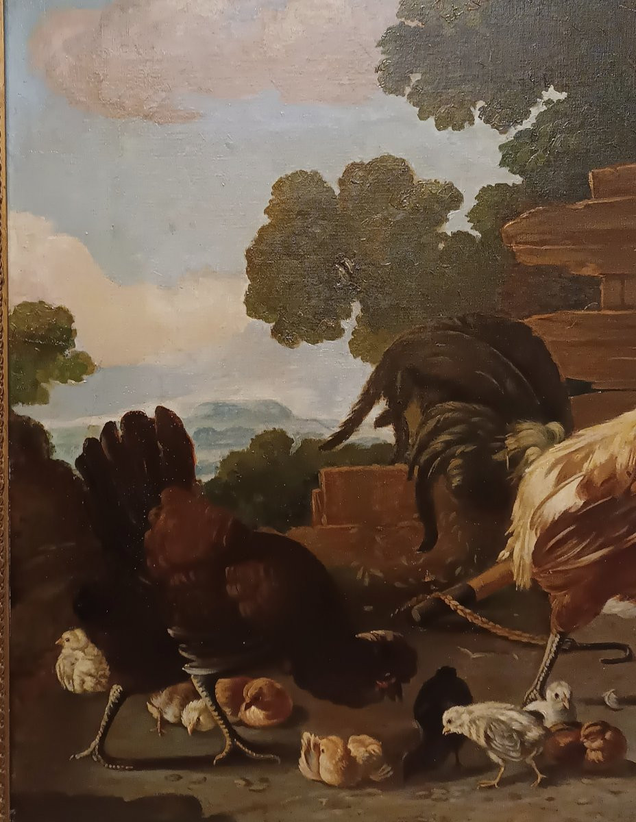 TABLEAU REPRÉSENTANT DES COQS ET DES POULES MILIEU DU 19ème SIÈCLE-photo-2
