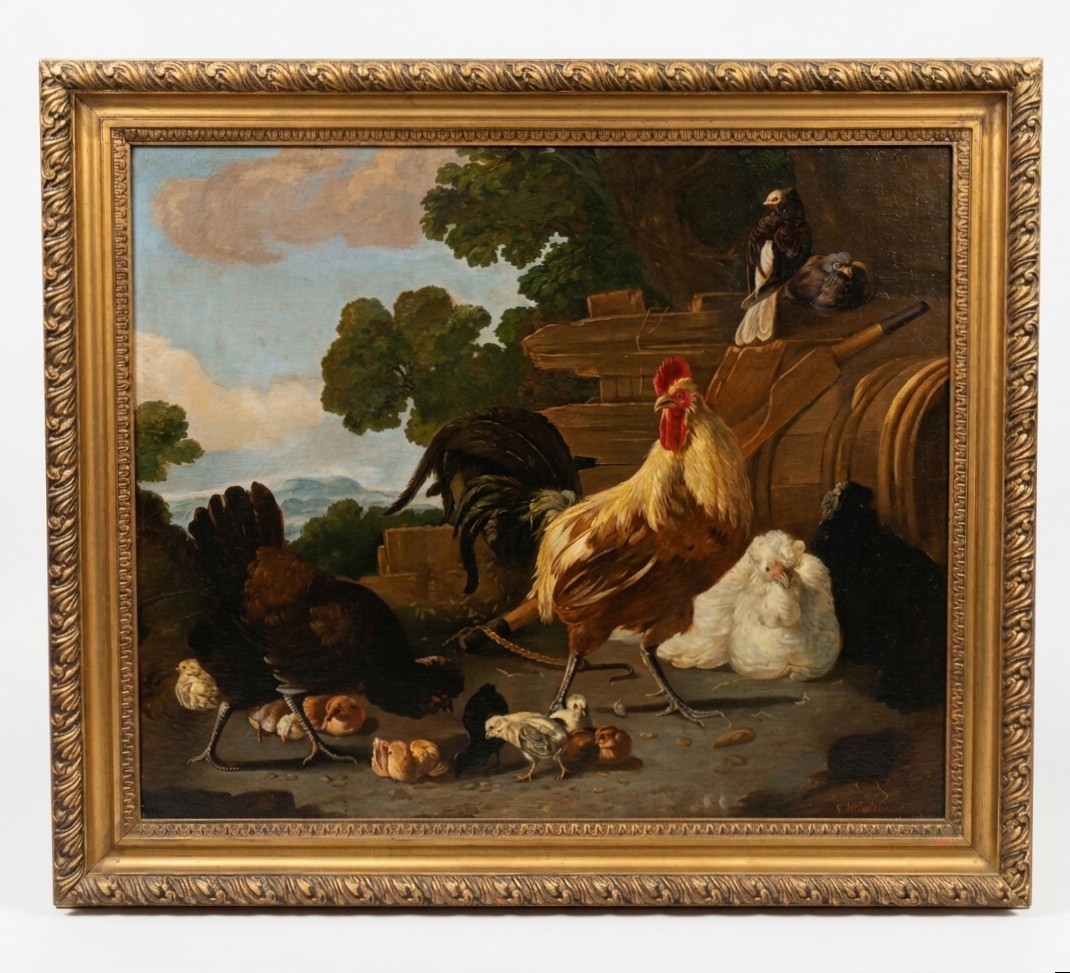 TABLEAU REPRÉSENTANT DES COQS ET DES POULES MILIEU DU 19ème SIÈCLE