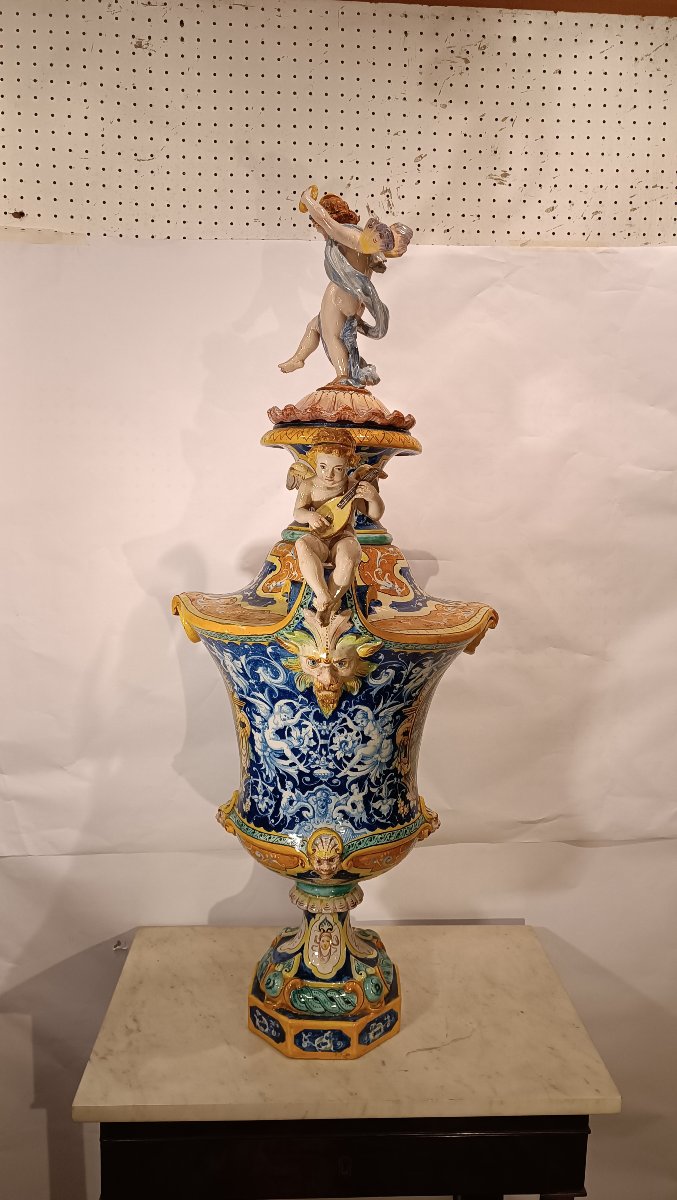 Second Half Of The 19th Century Large Polychrome Majolica Vase By Jafet Torelli-photo-2