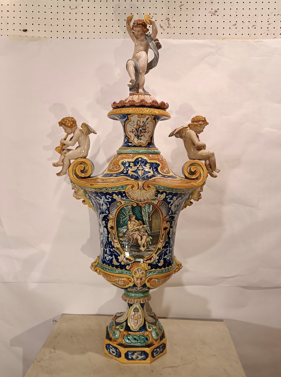 Second Half Of The 19th Century Large Polychrome Majolica Vase By Jafet Torelli-photo-3