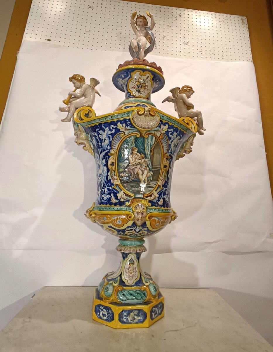 Second Half Of The 19th Century Large Polychrome Majolica Vase By Jafet Torelli-photo-4