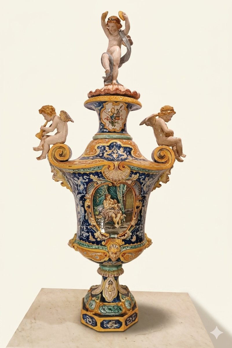 Second Half Of The 19th Century Large Polychrome Majolica Vase By Jafet Torelli