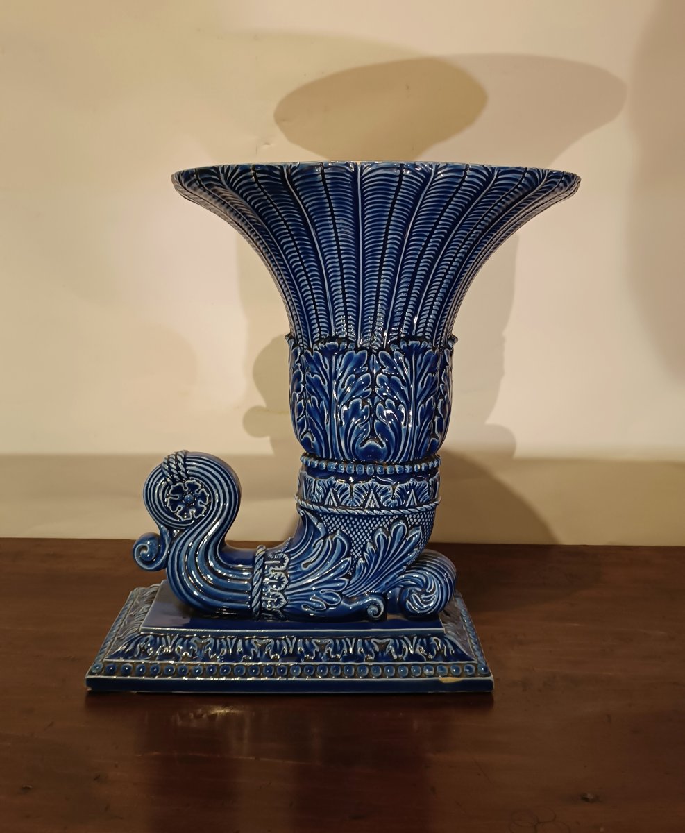 Second Half Of The 19th Century Blue Majolica Vase-photo-3