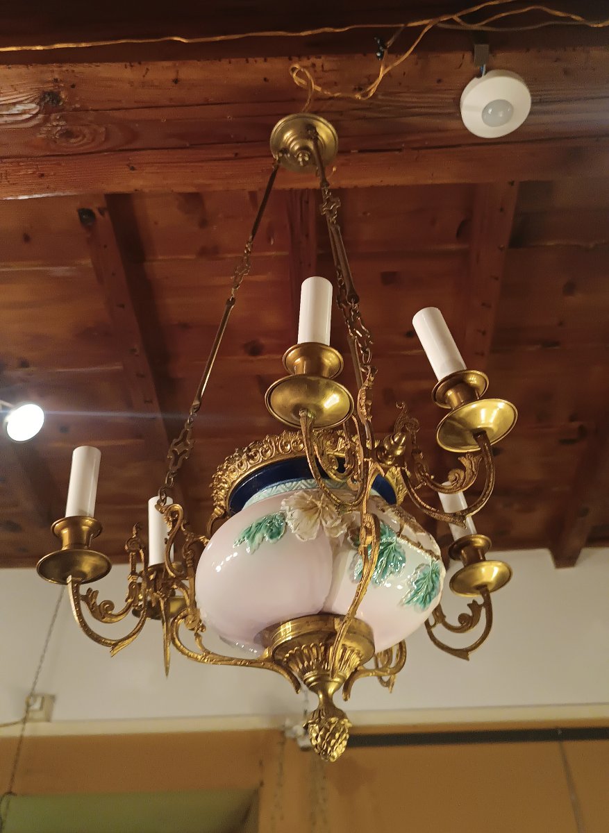 Second Half Of The 19th Century Brass And Porcelain Pendant Chandelier-photo-2