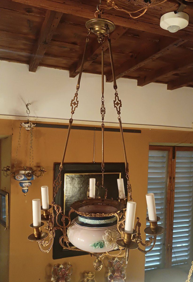 Second Half Of The 19th Century Brass And Porcelain Pendant Chandelier-photo-3