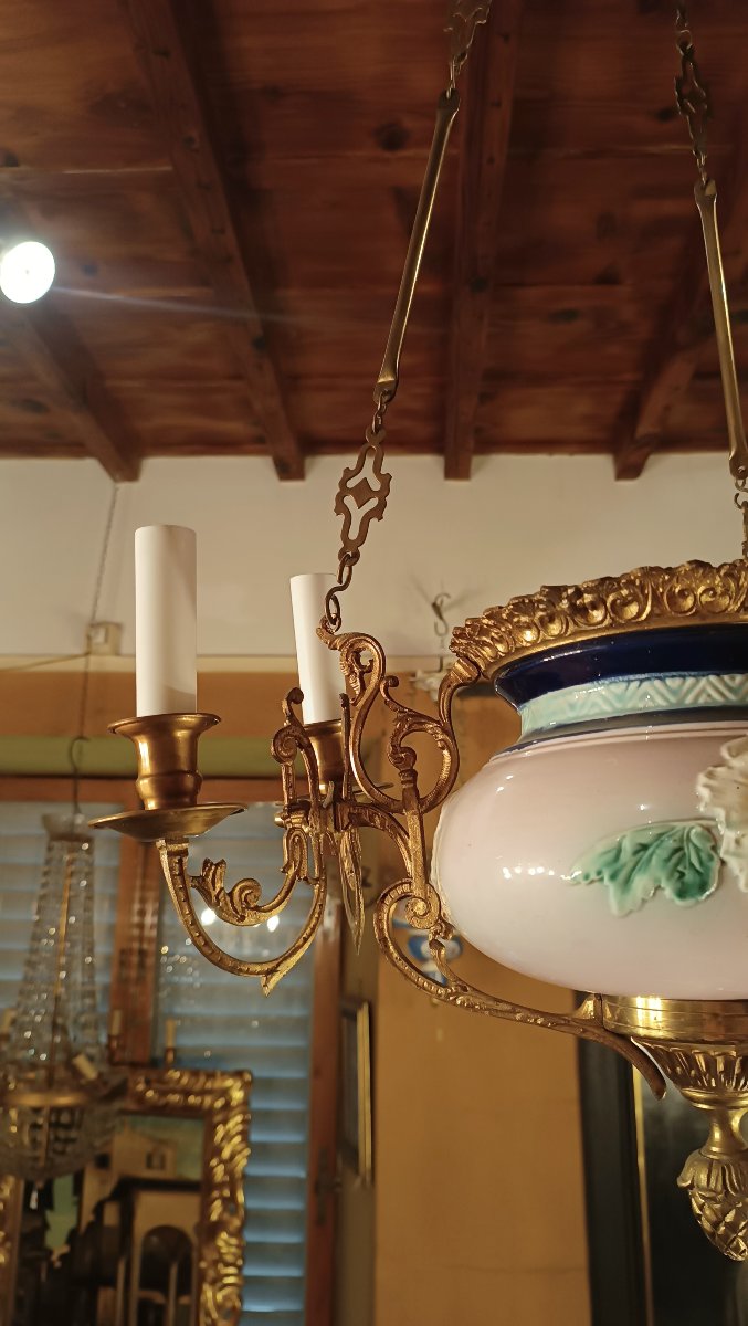 Second Half Of The 19th Century Brass And Porcelain Pendant Chandelier-photo-1