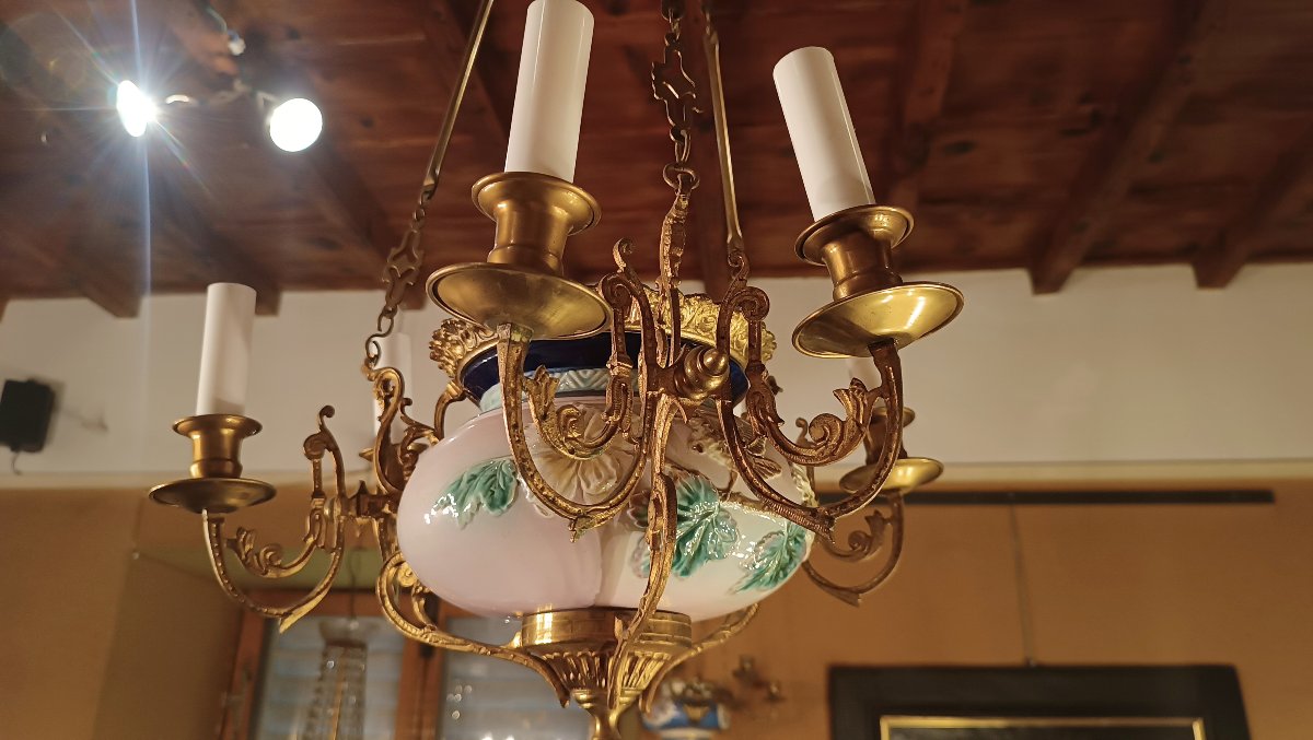 Second Half Of The 19th Century Brass And Porcelain Pendant Chandelier-photo-2