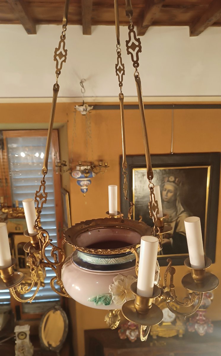 Second Half Of The 19th Century Brass And Porcelain Pendant Chandelier-photo-5