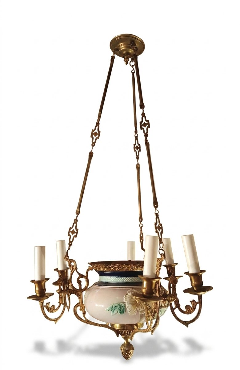 Second Half Of The 19th Century Brass And Porcelain Pendant Chandelier