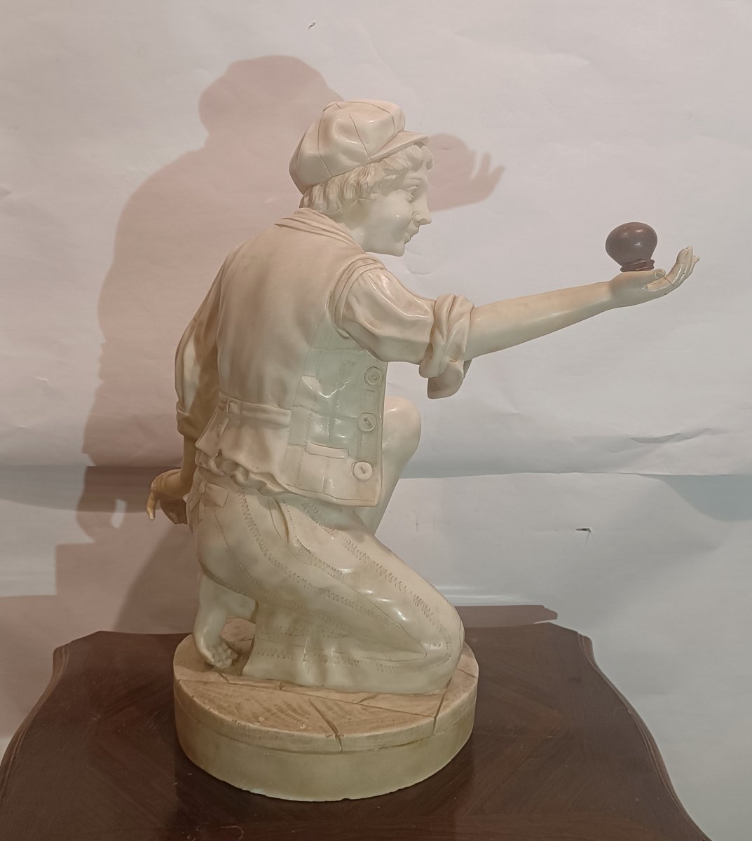 Second Half Of The 19th Century Alabaster Sculpture "boy With Spinning Top" -photo-3