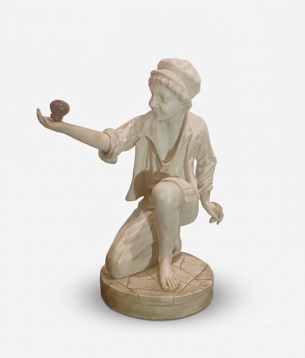 Second Half Of The 19th Century Alabaster Sculpture "boy With Spinning Top" 